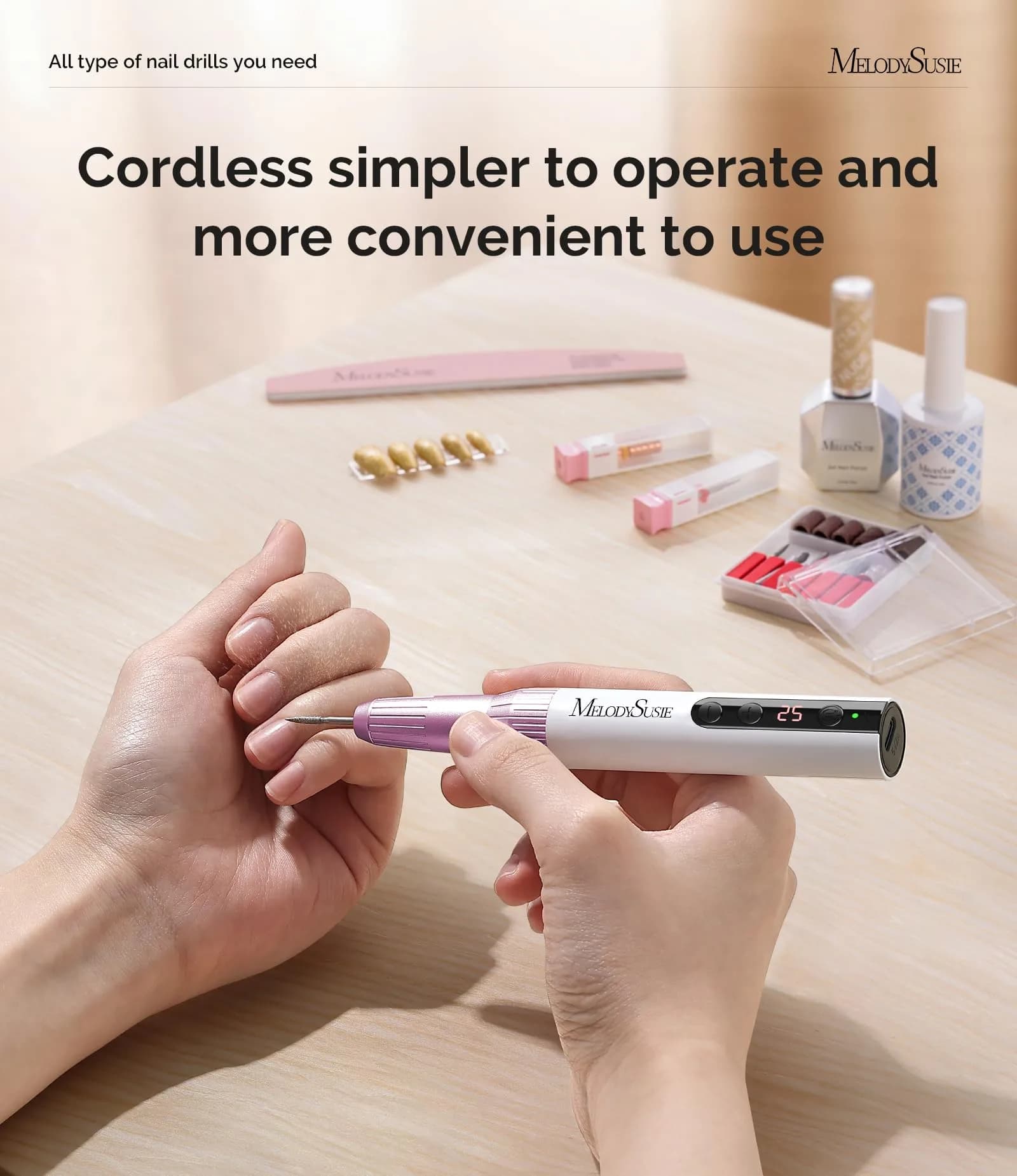 MelodySusie PC180E Cordless Nail Drill 25000RPM LED Display - Professional Portable Electric File in Stylish Purple - view 3