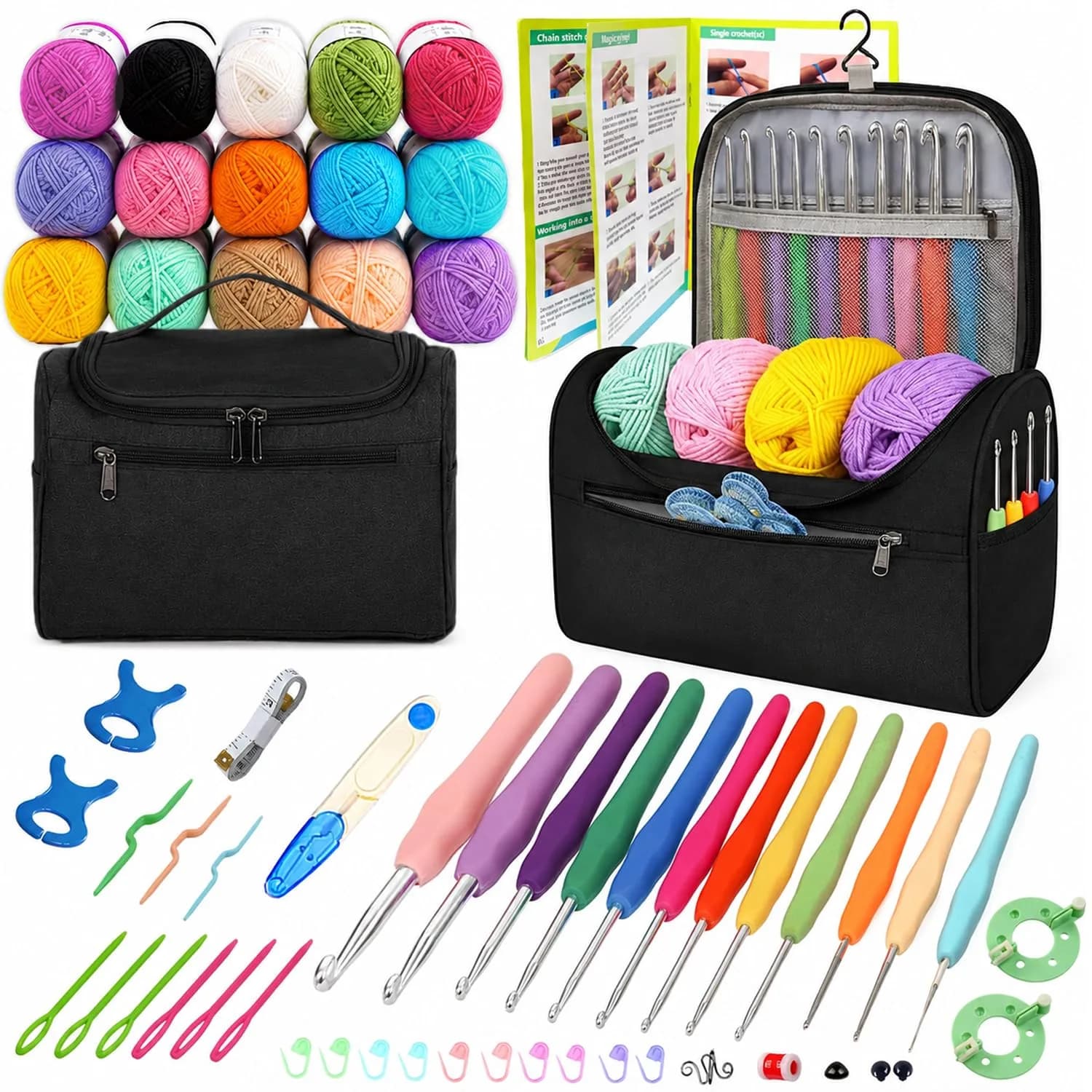 Yarniss Complete Crochet Kit for Beginners | 12 Ergonomic Hooks, 15 Yarn Colors, Storage Bag — Black-12 Size