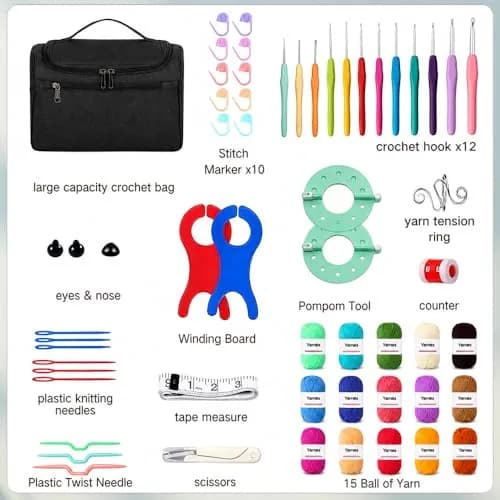 Yarniss Complete Crochet Kit for Beginners | 12 Ergonomic Hooks, 15 Yarn Colors, Storage Bag thumbnail 2
