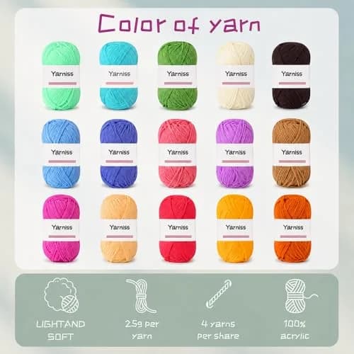 Yarniss Complete Crochet Kit for Beginners | 12 Ergonomic Hooks, 15 Yarn Colors, Storage Bag thumbnail 3