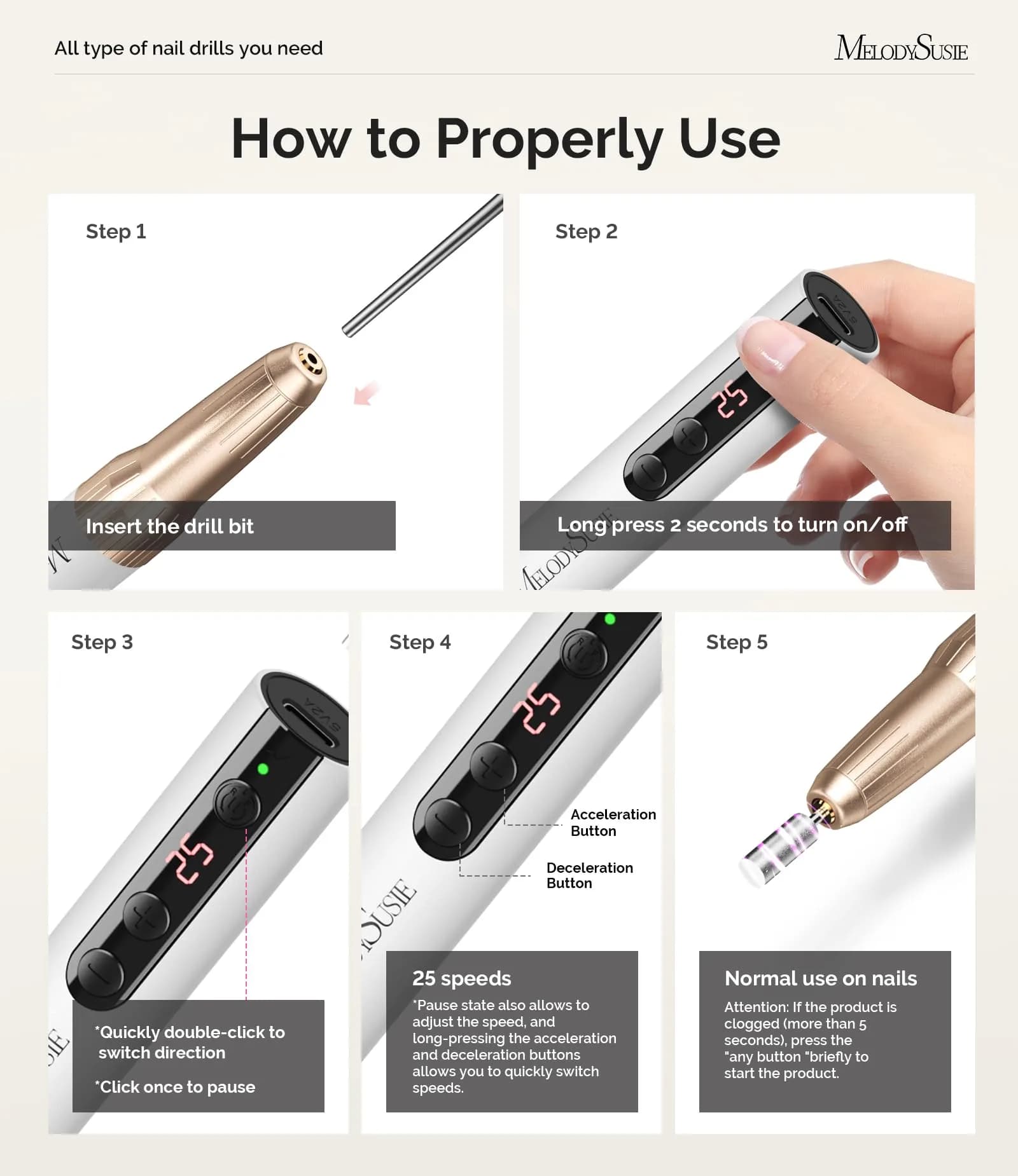 MelodySusie PC180E Cordless Nail Drill 25000RPM LED Display in Champagne White | Professional Portable Electric File - view 5