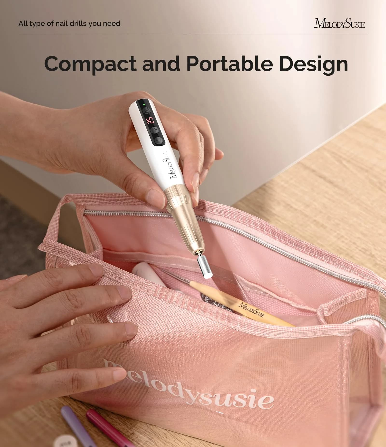 MelodySusie PC180E Cordless Nail Drill 25000RPM LED Display in Champagne White | Professional Portable Electric File - view 2