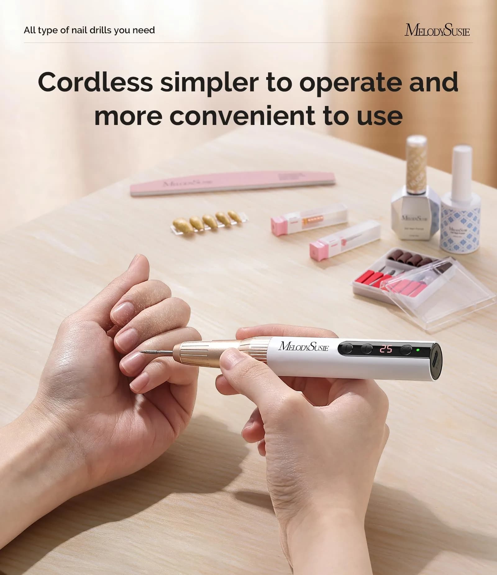 MelodySusie PC180E Cordless Nail Drill 25000RPM LED Display in Champagne White | Professional Portable Electric File - view 3