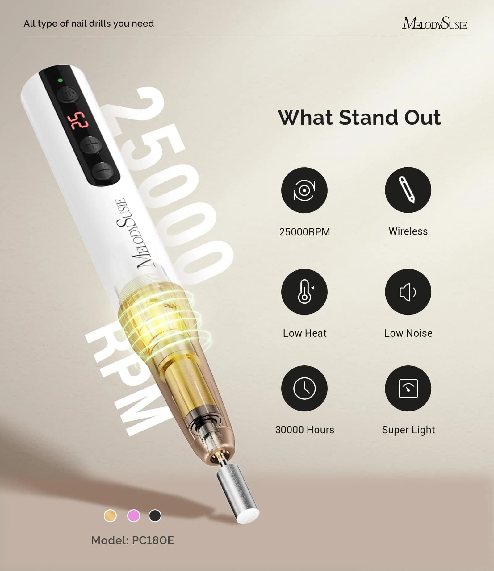 MelodySusie PC180E Cordless Nail Drill 25000RPM LED Display in Champagne White | Professional Portable Electric File - view 4