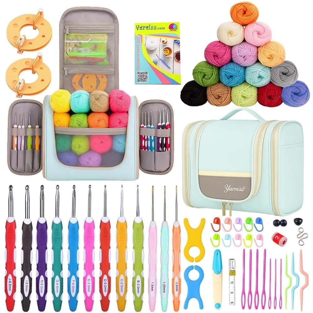 Yarniss Complete Crochet Kit for Beginners with Bag, Mint | 1050 Yards Yarn & Ergonomic Hooks | Learn Crochet with Video Tutorials — Mint-12 Size