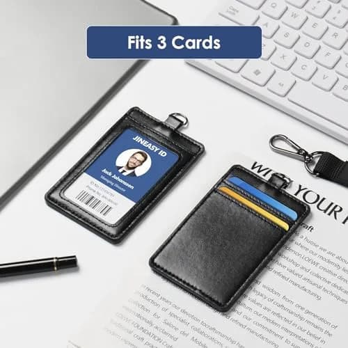 JINEASY ID Black Leather Badge Holder with Breakaway Lanyard & Metal Clip, 7 x 11 cm (2.7 x 4.3 inch) | Genuine Leather, Detachable Buckle thumbnail 5