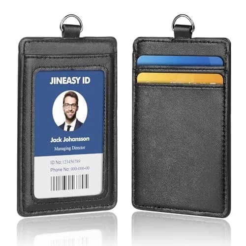 JINEASY ID Black Leather Badge Holder with Breakaway Lanyard & Metal Clip, 7 x 11 cm (2.7 x 4.3 inch) | Genuine Leather, Detachable Buckle thumbnail 2