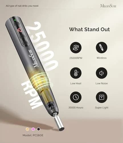 MelodySusie PC180E Cordless Nail Drill 25000RPM | Rechargeable Electric File with LED Display for All Nail Care thumbnail 4