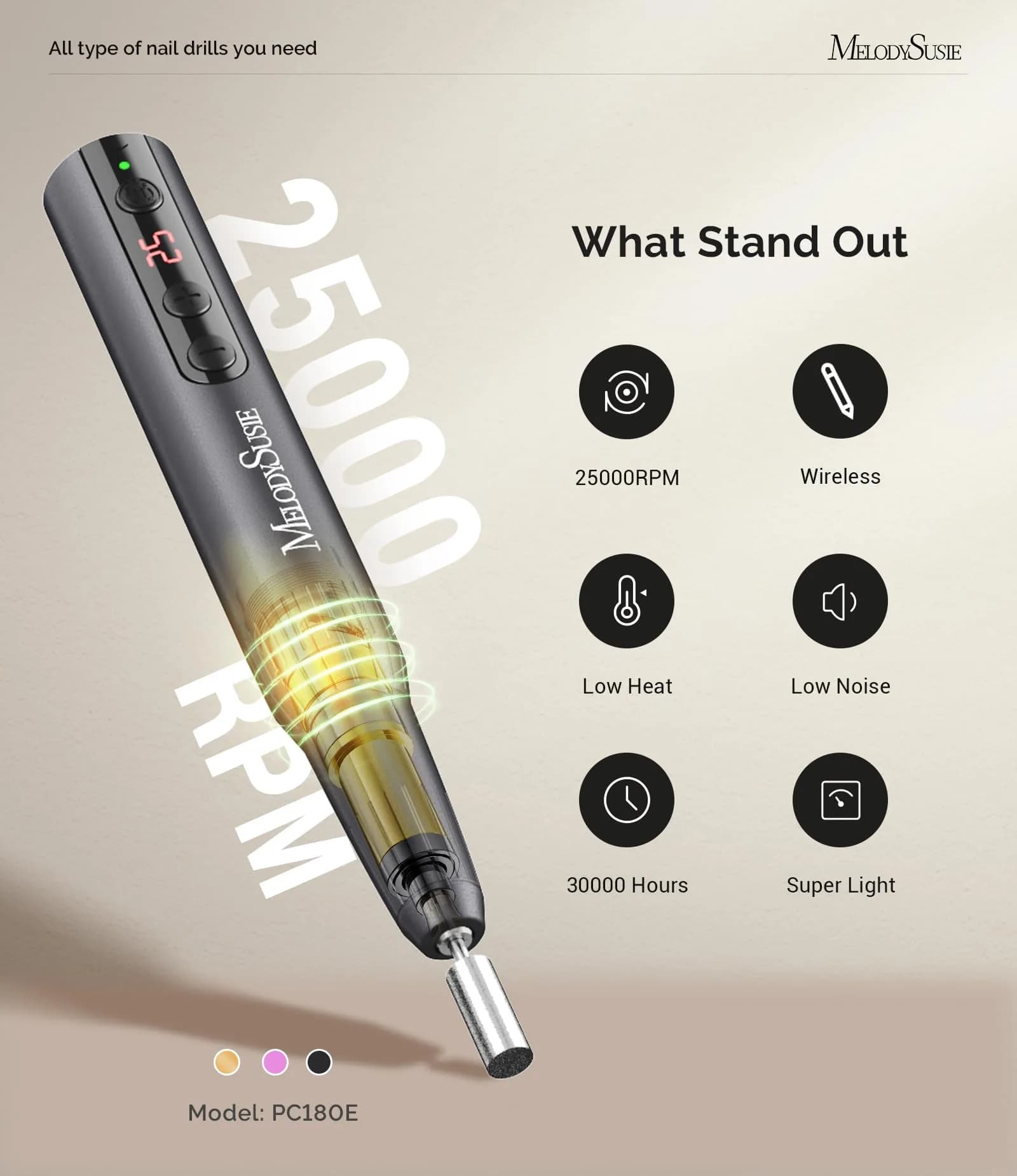 MelodySusie PC180E Cordless Nail Drill 25000RPM LED Display | Professional Portable Electric File - view 4