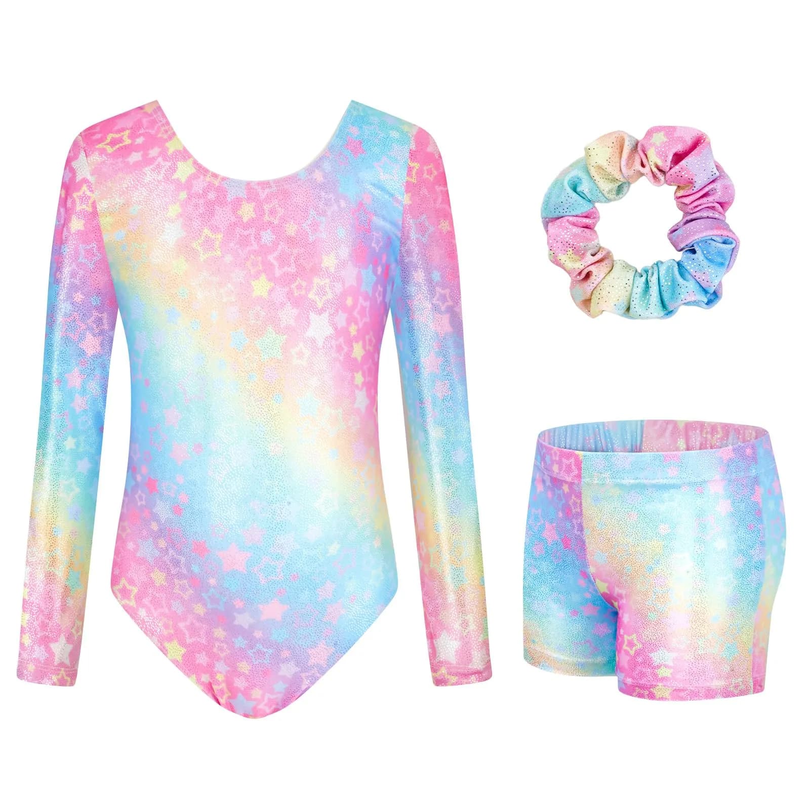 JiAmy Girls Gymnastics Leotards 3 Pcs Long Sleeve Sparkly Dance Biketards with Shorts & Scrunchie, Star Colored, 11-12 Years — Star Colored