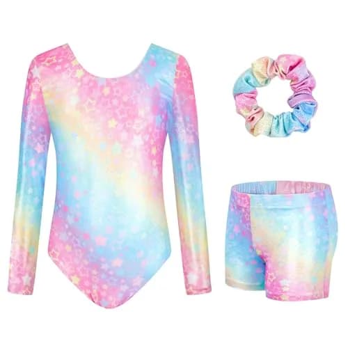 JiAmy Girls Gymnastics Leotards 3 Pcs Long Sleeve Sparkly Dance Biketards with Shorts & Scrunchie, Star Colored, 11-12 Years thumbnail 1