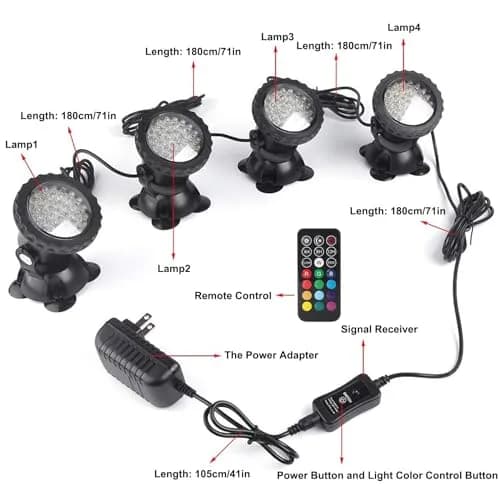 ZHGSERVU Pond Lights LED Underwater Fountain Lights 36LED Bulbs with Timer Remote Control Colors Changing Submersible Spotlight Set of 4 | IP68 Waterproof for Ponds, Fountains, Aquariums, Pools thumbnail 4