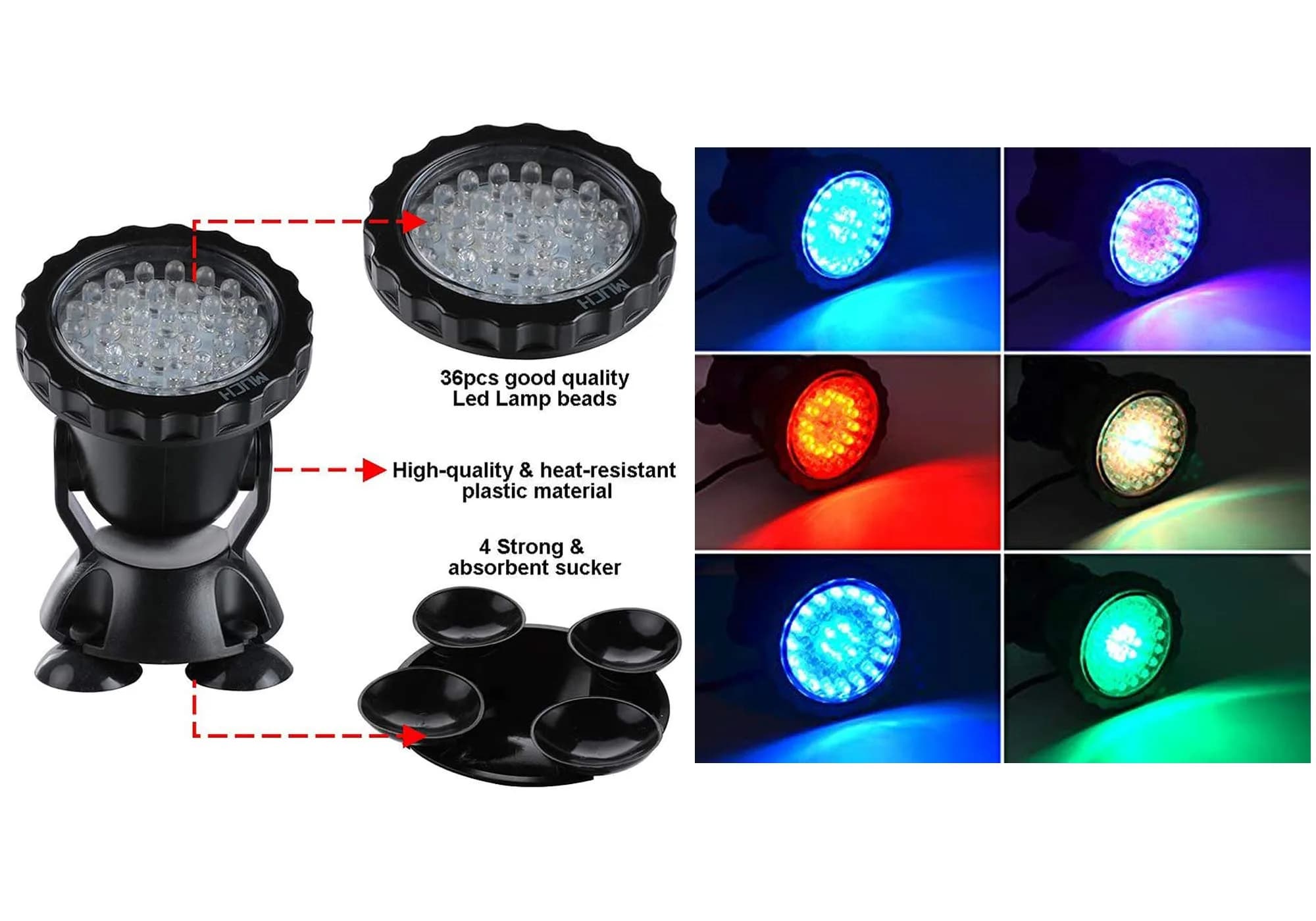 ZHGSERVU Pond Lights LED Underwater Fountain Lights 36LED Bulbs with Timer Remote Control Colors Changing Submersible Spotlight Set of 4 | IP68 Waterproof for Ponds, Fountains, Aquariums, Pools - view 6