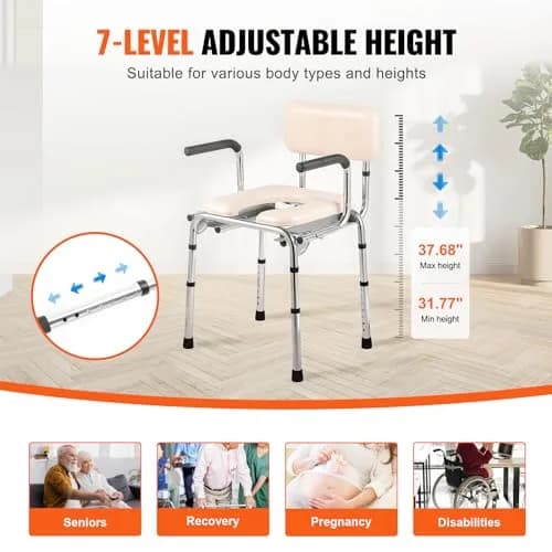 VEVOR Commode Chair Bedside Commode with Padded Seat, Drop-Down Arms, 7-Level Adjustable Height, 2.6kg (5.8L) Bucket, Easy Assembly, 158kg Capacity thumbnail 5
