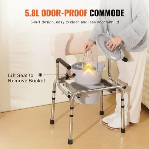 VEVOR Commode Chair Bedside Commode with Padded Seat, Drop-Down Arms, 7-Level Adjustable Height, 2.6kg (5.8L) Bucket, Easy Assembly, 158kg Capacity thumbnail 7