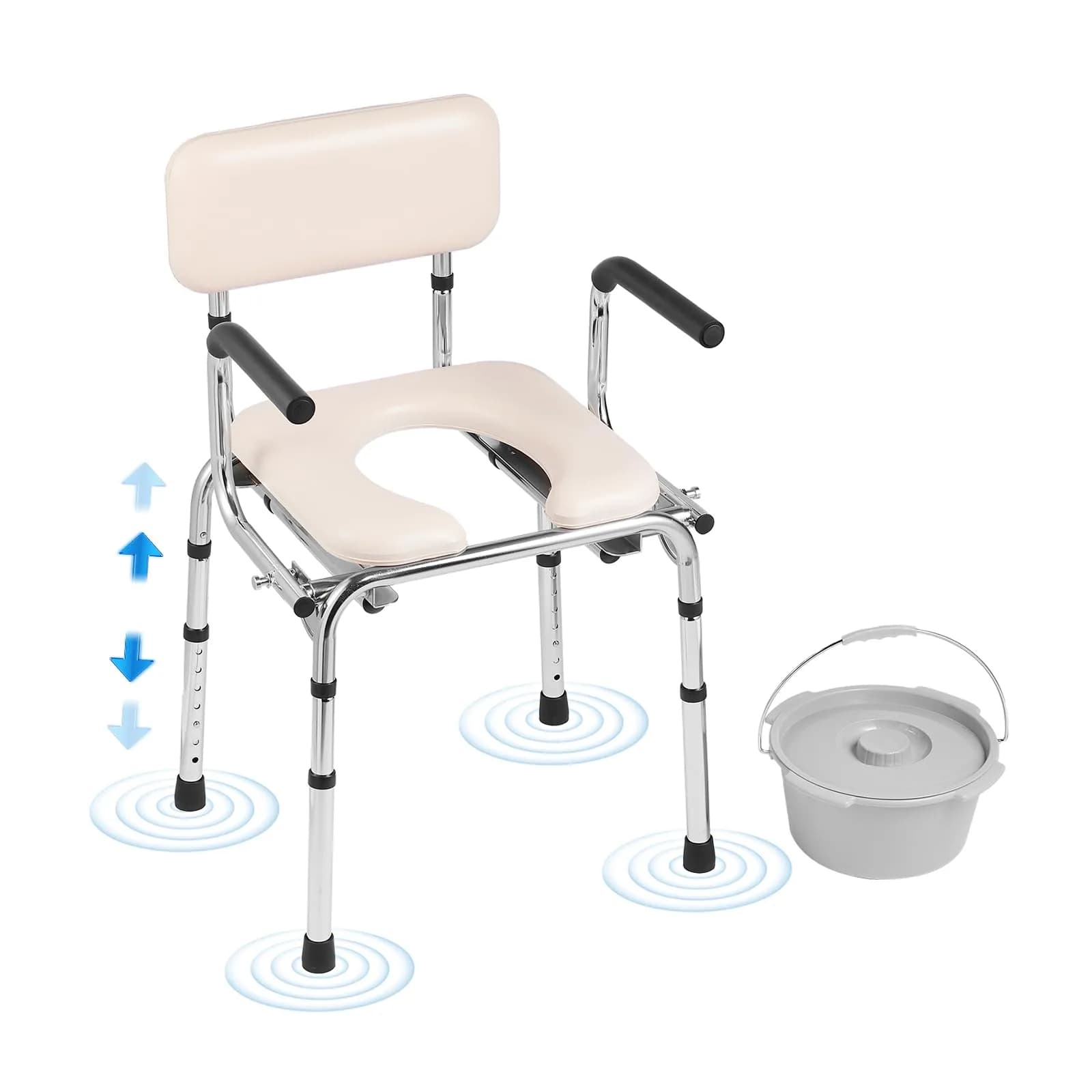VEVOR Commode Chair Bedside Commode with Padded Seat, Drop-Down Arms, 7-Level Adjustable Height, 2.6kg (5.8L) Bucket, Easy Assembly, 158kg Capacity - main product image