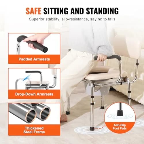 VEVOR Commode Chair Bedside Commode with Padded Seat, Drop-Down Arms, 7-Level Adjustable Height, 2.6kg (5.8L) Bucket, Easy Assembly, 158kg Capacity thumbnail 3