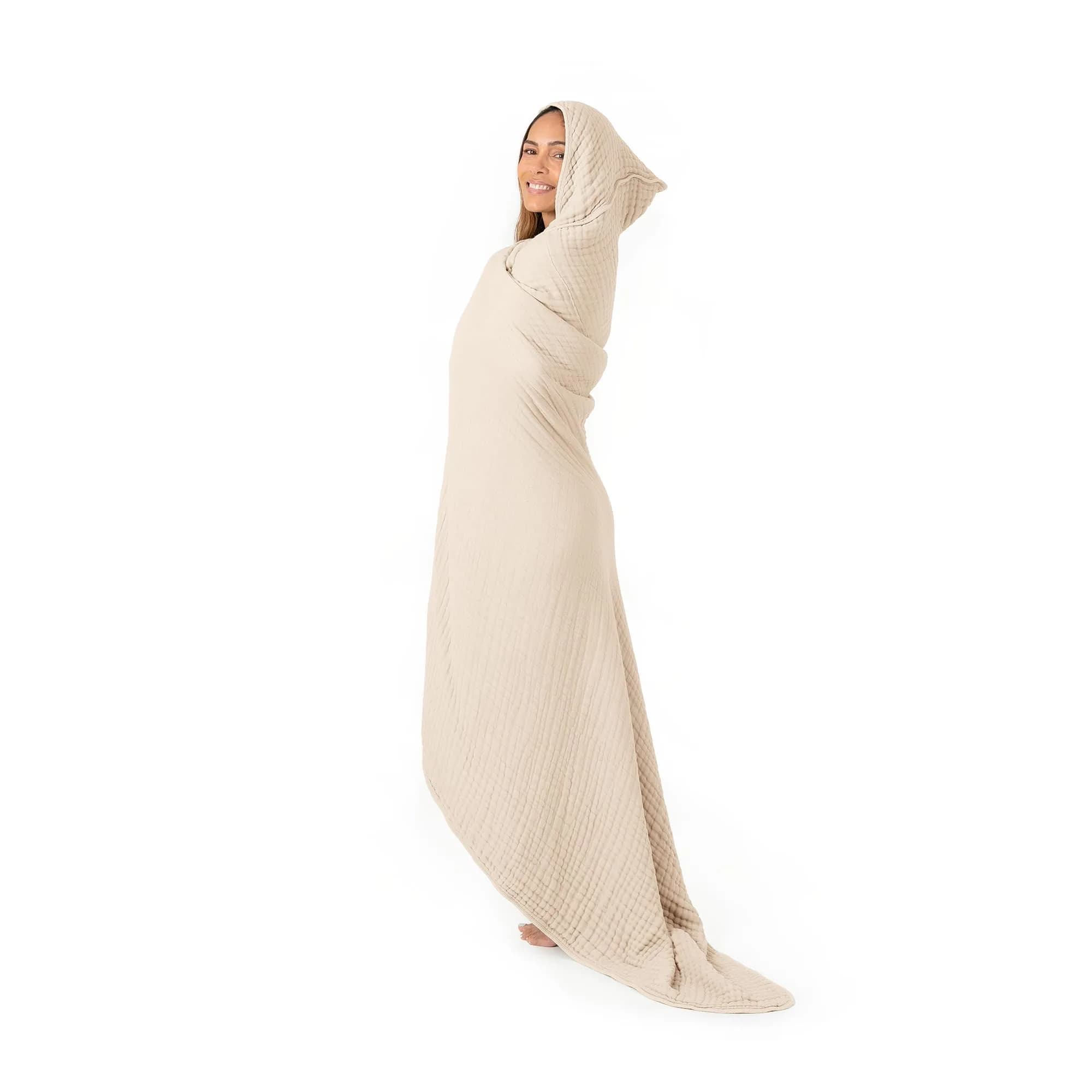 Comfy Cubs Adult Hooded Towel - Large 58'' x 58'', Soft, Absorbent, Stylish Dual-Function Muslin Towel Hoodie for Bath, Relaxation, and Everyday Use - Fern — Sand / Adult