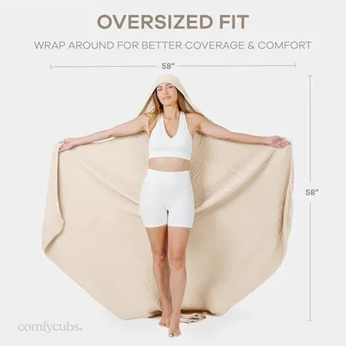 Comfy Cubs Adult Hooded Towel - Large 58'' x 58'', Soft, Absorbent, Stylish Dual-Function Muslin Towel Hoodie for Bath, Relaxation, and Everyday Use - Sand thumbnail 5