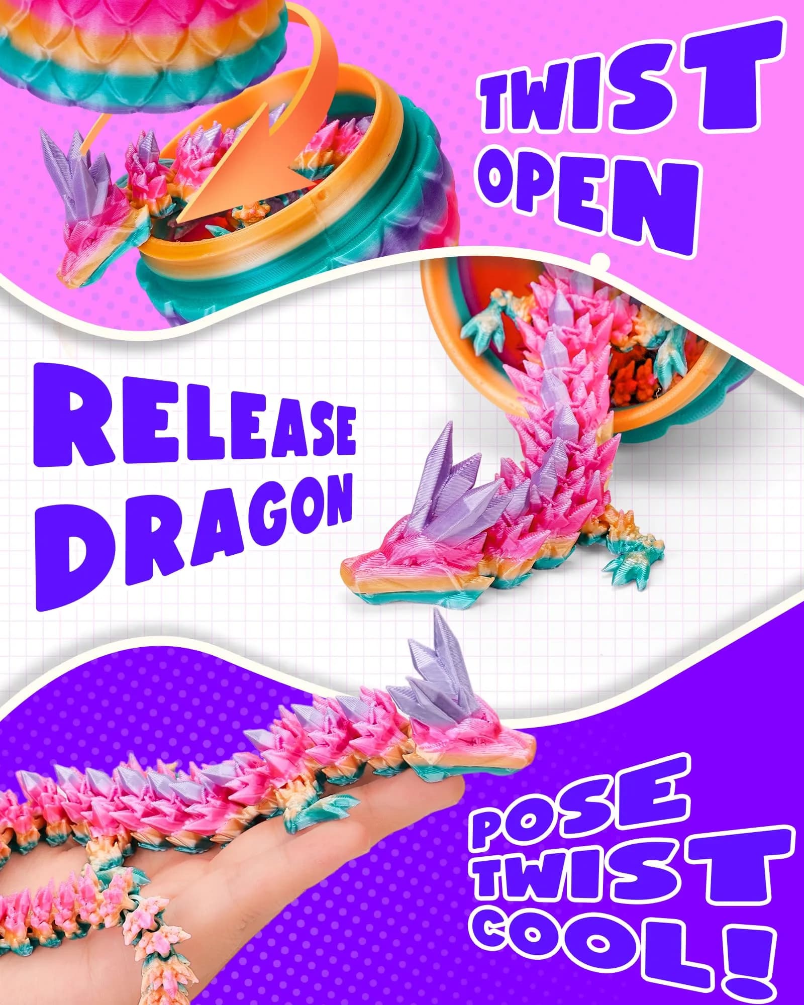 TBOLINE 3D Printed Dragon Egg with Articulated Crystal Dragon Toy, 12-inch, Random Candy Color | ASTM-Certified Non-Toxic Toy - view 4