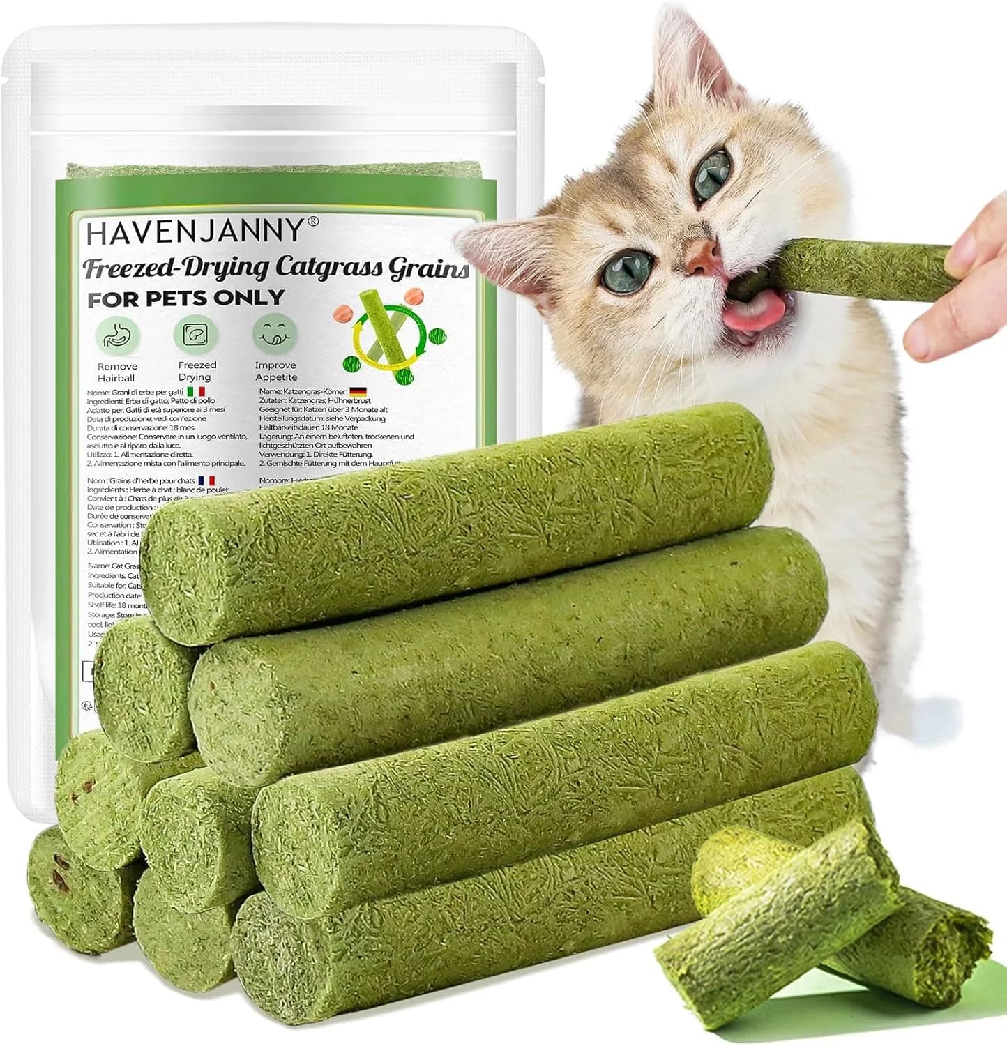HavenJanny Cat Grass Teething Stick with Chicken 50g (1.76 oz) | Hairball Control & Dental Health — 50g