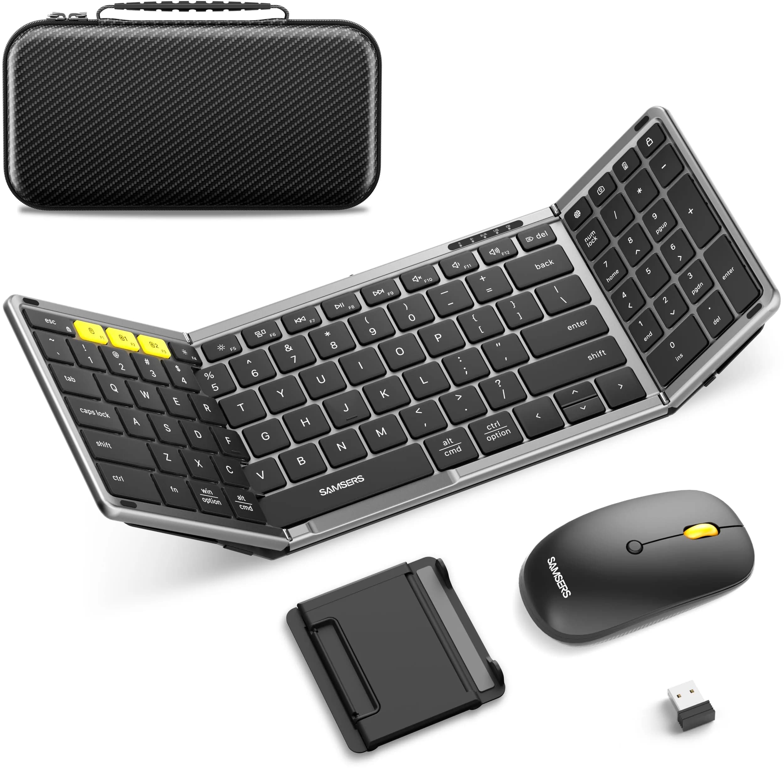 Samsers Foldable Keyboard and Mouse Combo, Full-Size Portable Travel Keyboard & Rechargeable Wireless Mouse | Bluetooth 5.0 x 2 + 2.4G — Gray Black