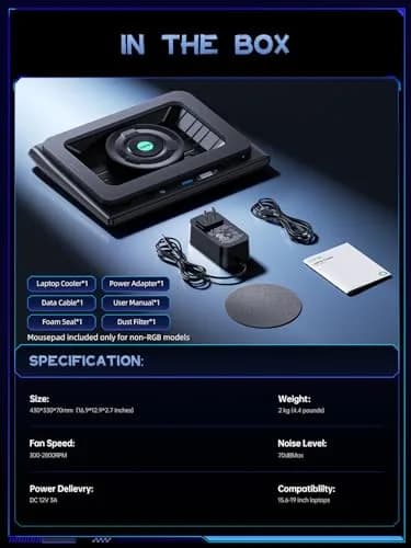 llano V12 Laptop Cooling Pad, Gaming Laptop Cooler Stand with 5.5in Turbo Fan & Adjustable Height, 15-19" Laptops, Black thumbnail 7