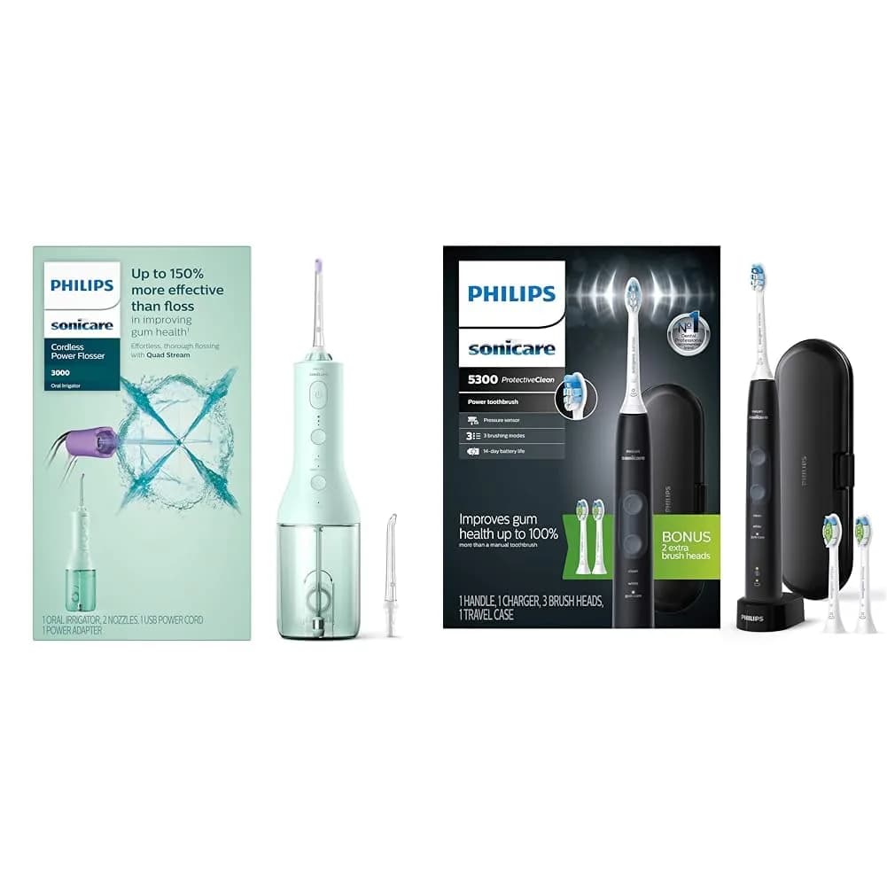 Philips Sonicare Cordless Power Flosser 3000 Mint & ProtectiveClean 5300 Rechargeable Electric Toothbrush Black HX6423/34 - main product image
