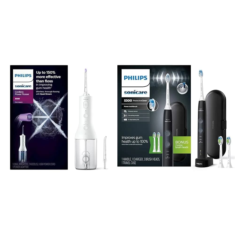 Philips Sonicare Cordless Power Flosser 3000 White & ProtectiveClean 5300 Black Electric Toothbrush Set - main product image