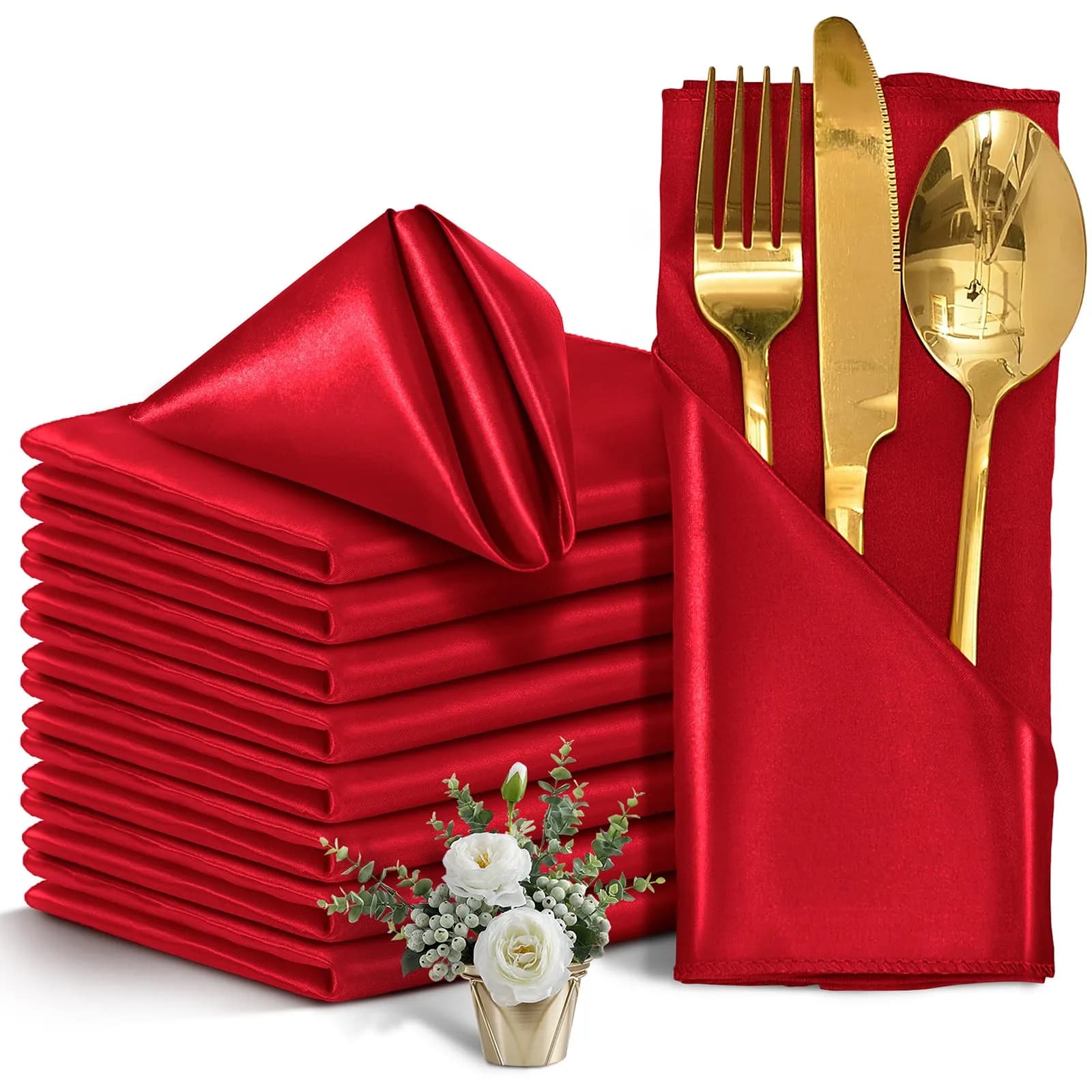 Eychei Satin Napkins, Red, 17" x 17" | Elegant, Durable Polyester for Home & Commercial Use