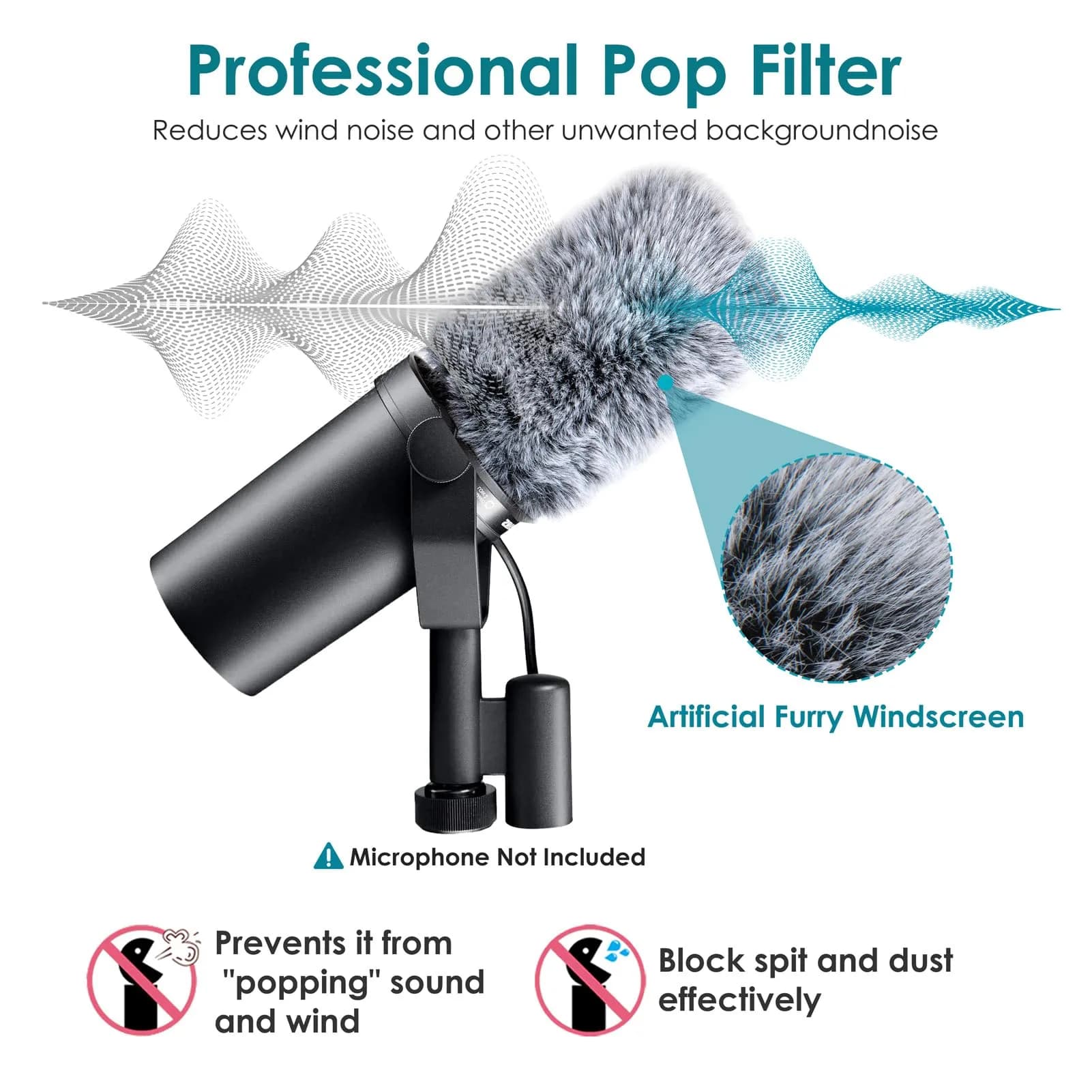 YOUSHARES Gray Furry Windscreen Muff for Shure SM7B Microphones | Reduces Plosives & Wind Noise - view 3