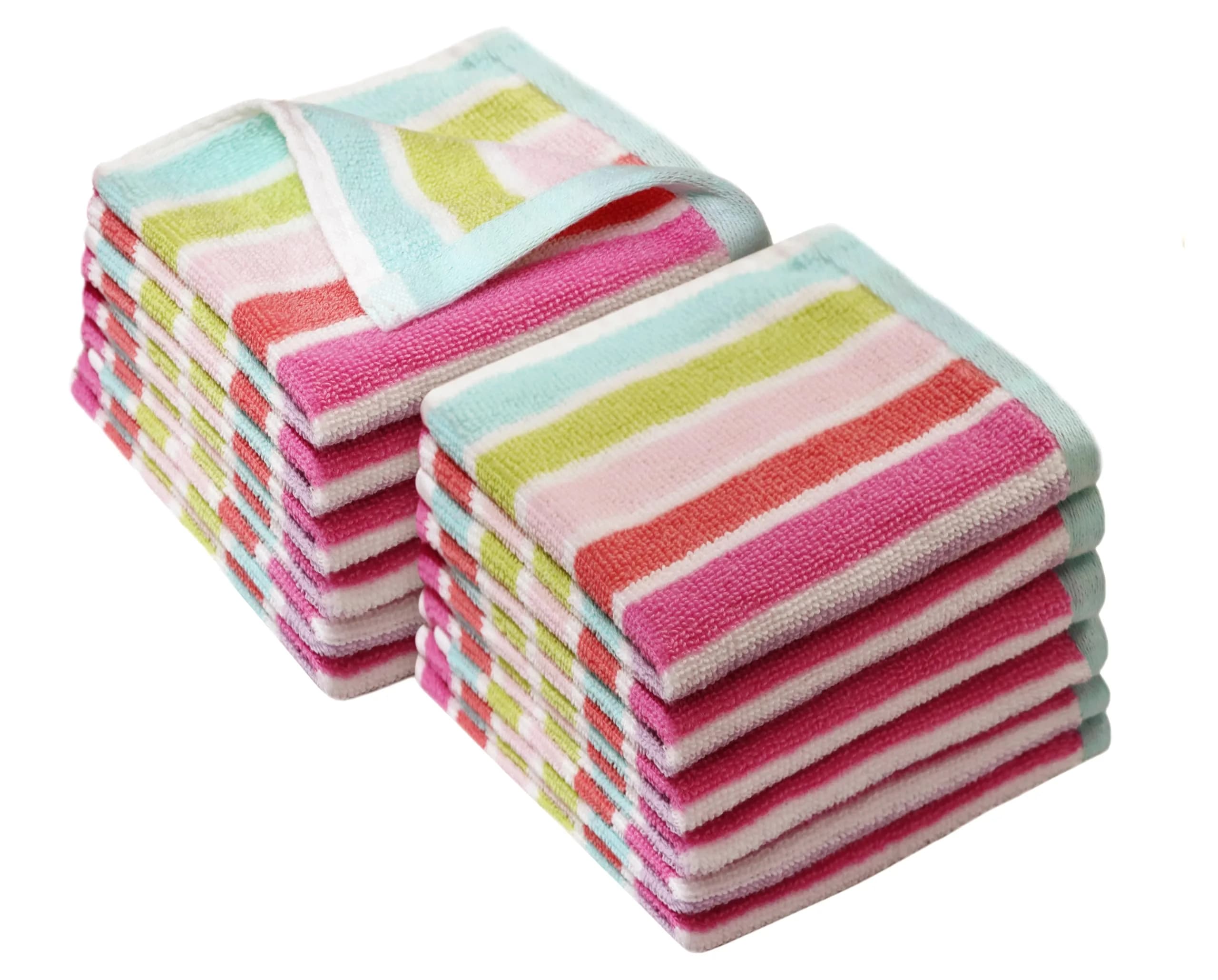 ORIGINAL KIDS Cabana Stripe Wash Cloths - 100% Cotton Set of 12 | 30x30 cm (12x12 Inch) — Pink Multi Stripe