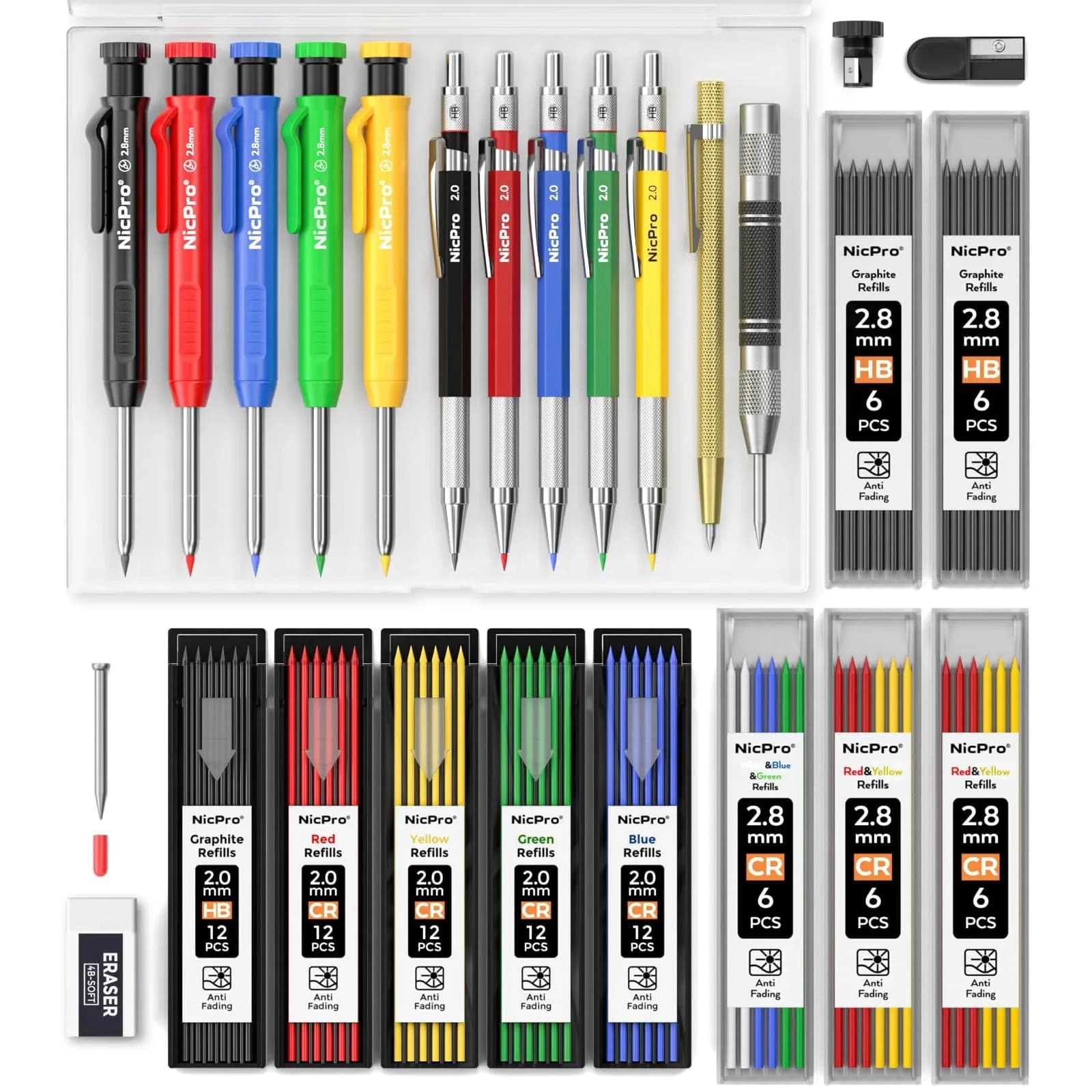 Nicpro 27 Pack Carpenter Pencils for Woodworking | 2.0mm & 2.8mm Leads, Center Punch, Scribe Tool, Storage Case