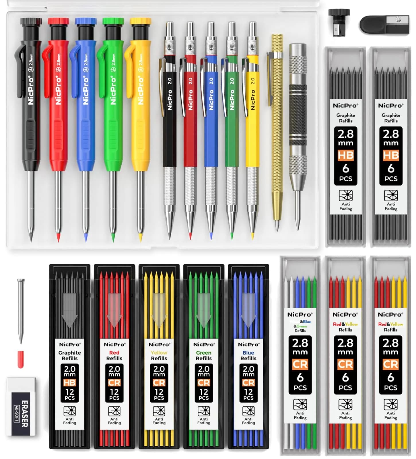 Nicpro 27 Pack Carpenter Pencils for Woodworking | 2.0mm & 2.8mm Leads, Center Punch, Scribe Tool, Storage Case - main product image