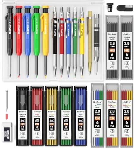 Nicpro 27 Pack Carpenter Pencils for Woodworking | 2.0mm & 2.8mm Leads, Center Punch, Scribe Tool, Storage Case thumbnail 1