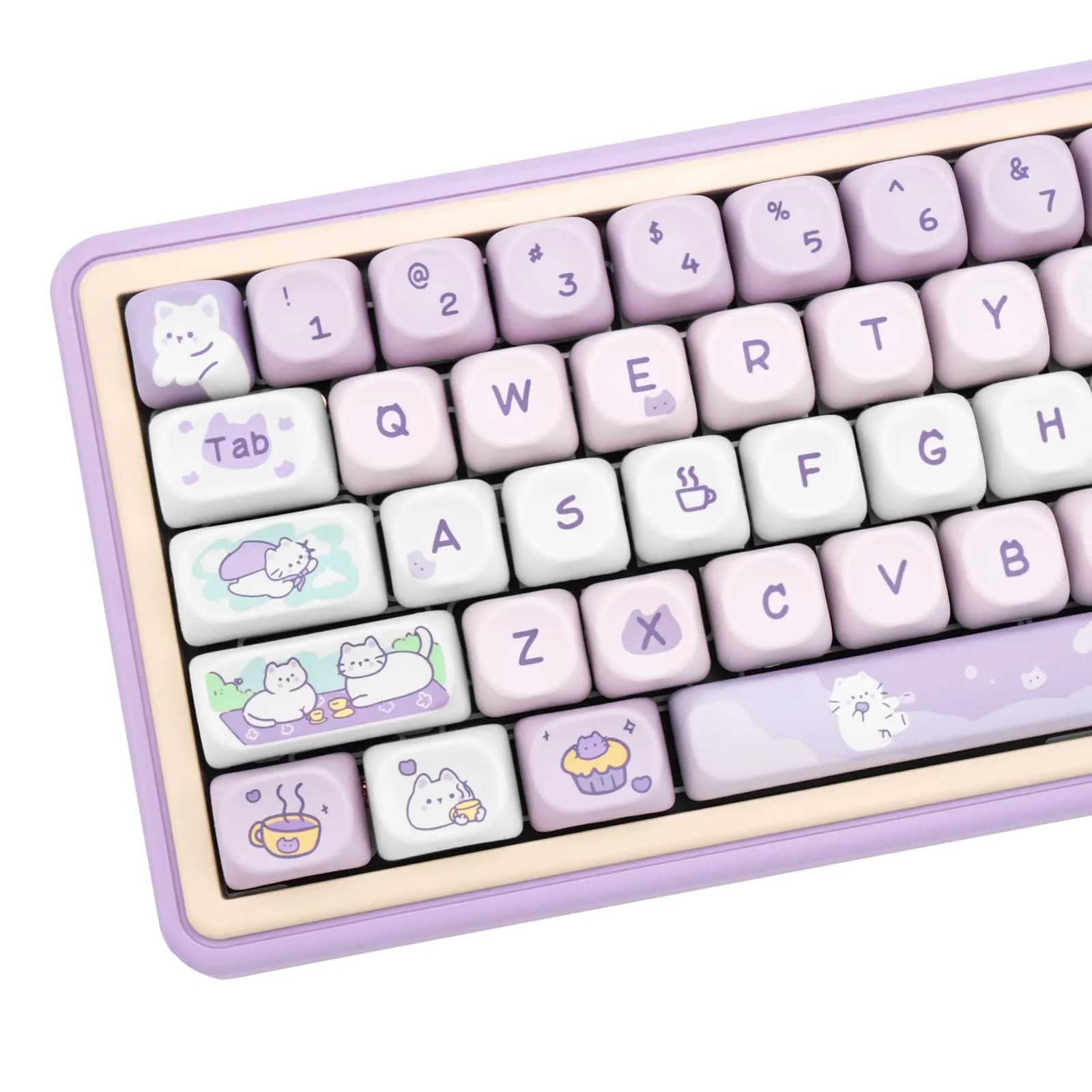 COOMICKEY Cute Keycaps Cat Afternoon Tea Purple PBT Key Cap for Cherry MX | MOA Profile, 132 Keys, Compatible with Mechanical Keyboards — Purple Cat (MOA)