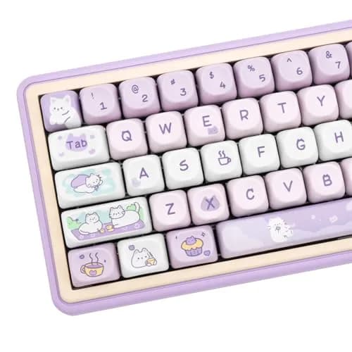COOMICKEY Cute Keycaps Cat Afternoon Tea Purple PBT Key Cap for Cherry MX | MOA Profile, 132 Keys, Compatible with Mechanical Keyboards thumbnail 1