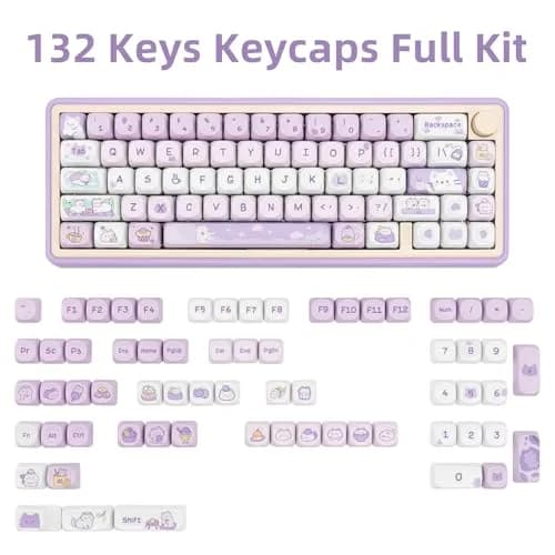 COOMICKEY Cute Keycaps Cat Afternoon Tea Purple PBT Key Cap for Cherry MX | MOA Profile, 132 Keys, Compatible with Mechanical Keyboards thumbnail 2