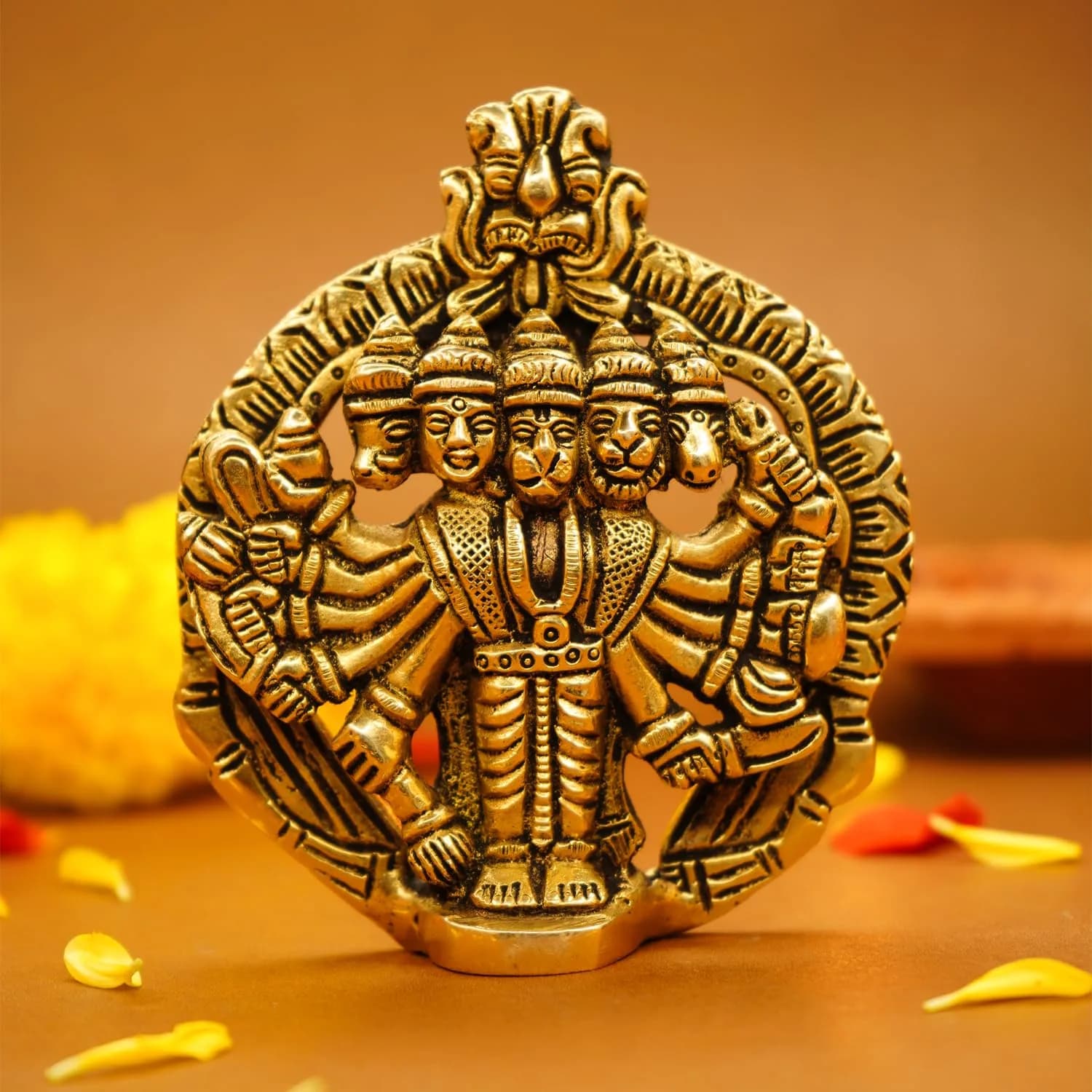 Ekhasa Panchmukhi Hanuman Statue 10 cm (3.93 in) Brass | Vastu Protection Door Entrance Figurine — Golden Panchmukhi Hanuman