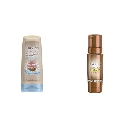 Jergens Natural Glow In Shower Lotion & Instant Sun Body Mousse, Medium to Deep Skin Tone, 7.5 Fl Oz + 6 Oz | Streak-Free Fake Tan thumbnail 1