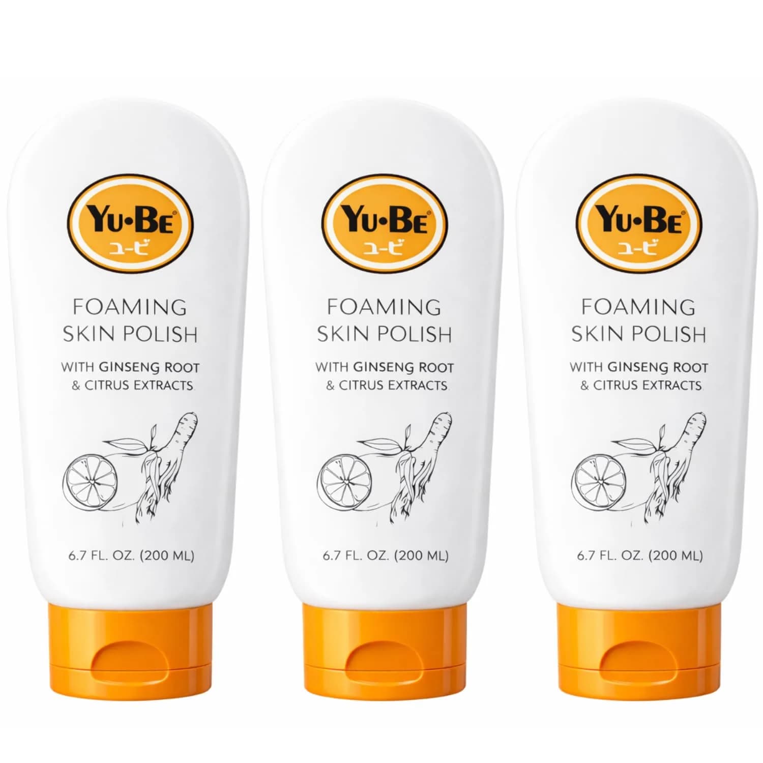 Yu-Be Foaming Skin Polish (Trio): Gentle Japanese Rice Exfoliant to Smooth Dry, Rough Skin | Face & Body Scrub | Nourishes Skin with Ginger Root, Green Tea, & Geranium Oil - 6.75 fl oz x 3 — Orange