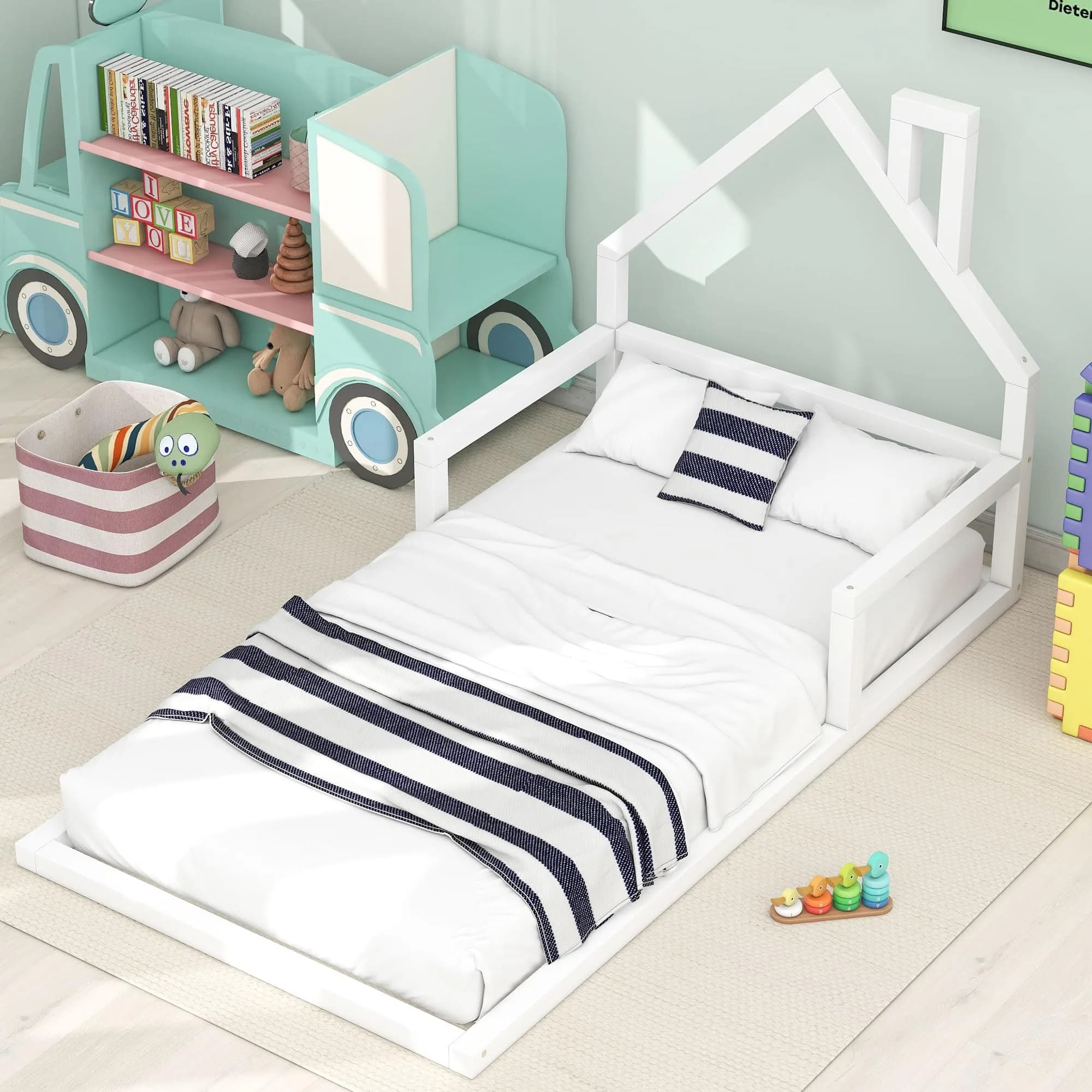 Acosure Twin Size Wood Floor Bed with House-shaped Headboard and Chimney | Modern Kids Bedroom Frame, No Box Spring, White