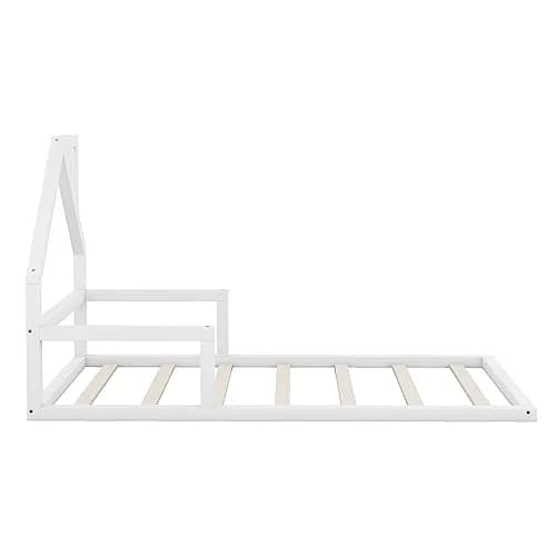 Acosure Twin Size Wood Floor Bed with House-shaped Headboard and Chimney | Modern Kids Bedroom Frame, No Box Spring, White thumbnail 4