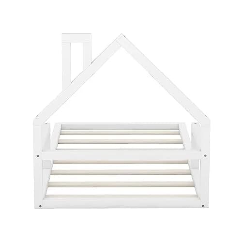 Acosure Twin Size Wood Floor Bed with House-shaped Headboard and Chimney | Modern Kids Bedroom Frame, No Box Spring, White thumbnail 5