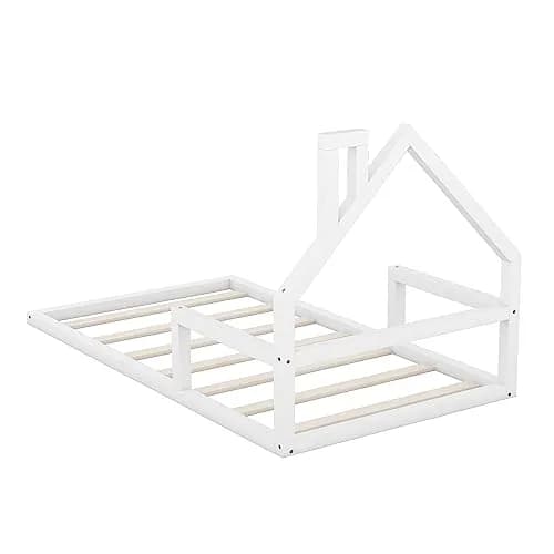Acosure Twin Size Wood Floor Bed with House-shaped Headboard and Chimney | Modern Kids Bedroom Frame, No Box Spring, White thumbnail 6