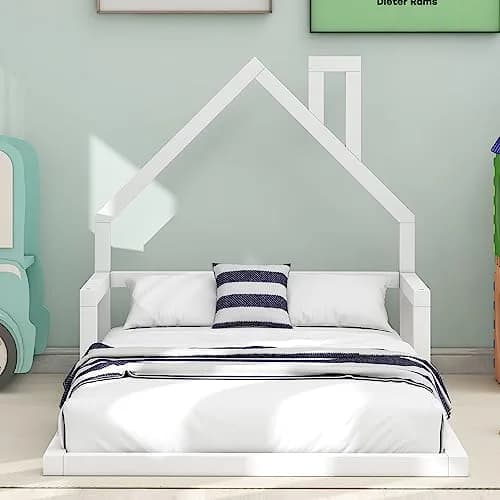 Acosure Twin Size Wood Floor Bed with House-shaped Headboard and Chimney | Modern Kids Bedroom Frame, No Box Spring, White thumbnail 7