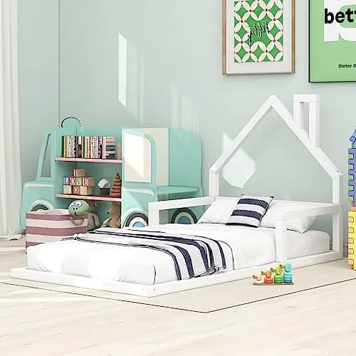 Acosure Twin Size Wood Floor Bed with House-shaped Headboard and Chimney | Modern Kids Bedroom Frame, No Box Spring, White thumbnail 2