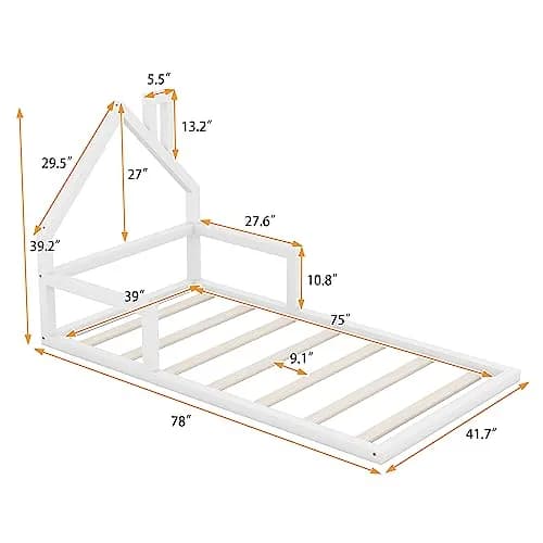 Acosure Twin Size Wood Floor Bed with House-shaped Headboard and Chimney | Modern Kids Bedroom Frame, No Box Spring, White thumbnail 3