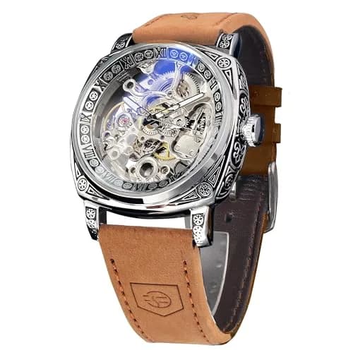 FORSINING Square Retro Mechanical Watch Self-Wind Leather Strap | Skeleton Automatic (42mm) thumbnail 1
