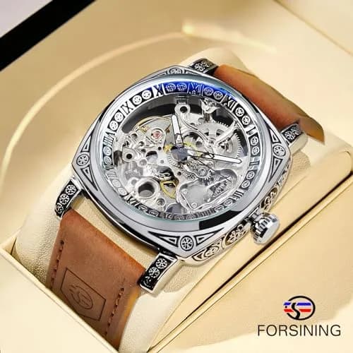FORSINING Square Retro Mechanical Watch Self-Wind Leather Strap | Skeleton Automatic (42mm) thumbnail 5